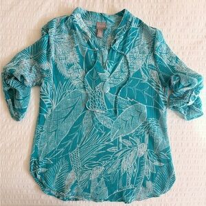Chico's Teal and White Leaf Print Blouse